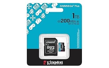 Kingston MicroSD 1TB, Canvas Go! Plus, Class10 UHS-I U3 V30 A2, Read up to 200MB/s, Write up to 160MB/s, for 4K and FullHD video recording, w/SD adapter SDCG4/1TB