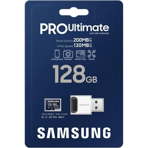 Samsung MicroSD 128GB, PRO Ultimate, SDXC, UHS-I U3 V30 A2, Read up to 200MB/s, Write up to 130 MB/s, for 4K and FullHD video recording, w/USB Card reader MB-MY128SB/WW