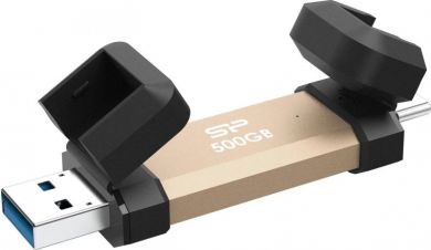 Silicon Power Portable Stick-Type SSD 500GB, DS72, USB 3.2 Gen 2 Type-C/Type-A, Read up to 1050MB/s, Write up to 850MB/s, Gold SP500GBUC3S72VPG