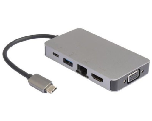 E-GREEN Adapter USB 3.1 tip C (M) - HDMI + VGA + 2xUSB 3.0 + RJ45 + tip C (F) beli *