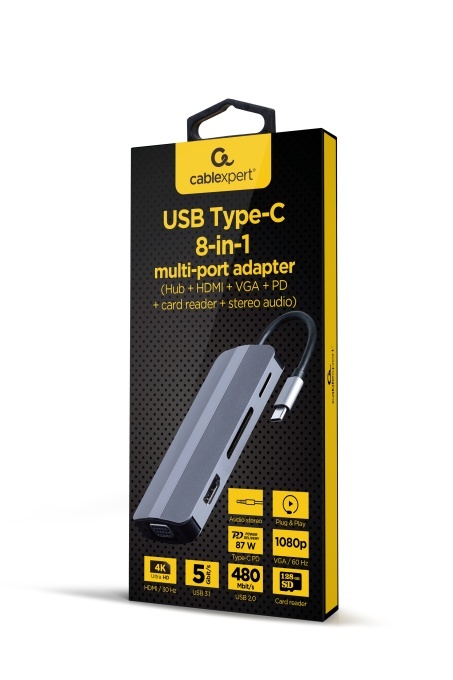 Gembird USB Type-C 8-in-1 multi-port adapter (Hub + HDMI + VGA + PD + card reader + stereo audio), silver A-CM-COMBO8-02