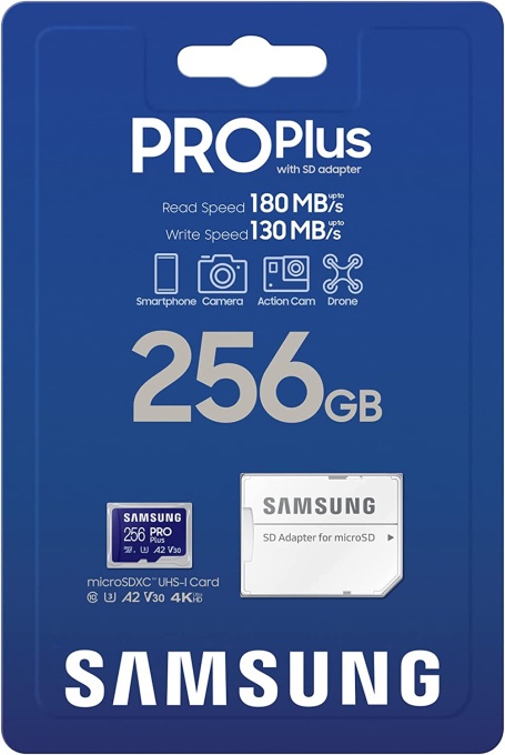 Samsung MicroSD 256GB, PRO Plus, SDXC, UHS-I U3 V30 A2, Read up to 180MB/s, Write up to 130 MB/s, for 4K and FullHD video recording, w/SD adapter MB-MD256SA/EU