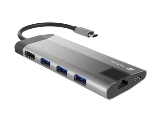 Natec FOWLER PLUS, USB Type-C 6-in-1 Multi-port Adapter (USB3.0 Hub + HDMI + PD + SD/MicroSD card reader + Gigabit LAN), Max. Output 100W, Grey NMP-1690