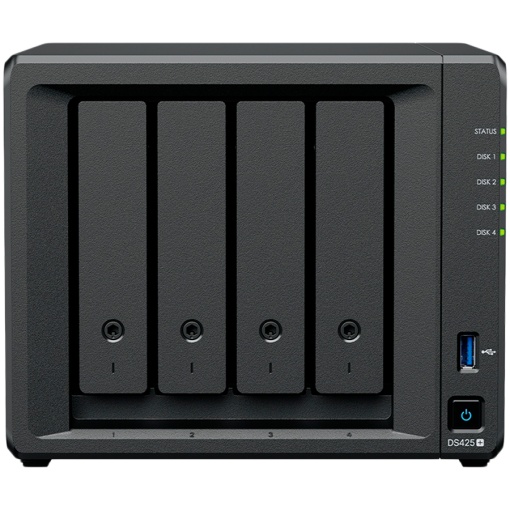 Synology DiskStation DS425+ Tower, 4-Bays 3.5'' SATA HDD/SSD, 2 x M.2 2280 NVMe SSD slot, CPU Intel Celeron J4125 4-core 2.0 GHz, 2 GB DDR4 non-ECC SODIMM, 1x RJ-45 2.5 GbE LAN, 1x RJ-45 1GbE LAN Port; 2x USB 3.2; 2.18 kg; 3yr warranty DS425PLUS