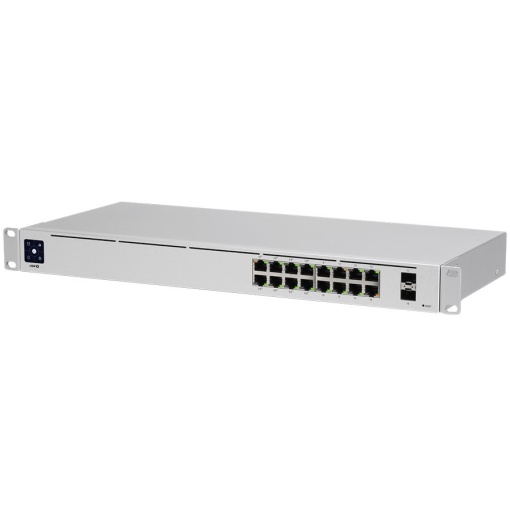 Ubiquiti USW-16-PoE 16-port Layer 2 PoE switch, 8 x GbE PoE+, 8 x GbE ports, 2 x 1G SFP ports, 42W total PoE Power, fanless, silent cooling, ESD/EMP protection, 1.3" touchscreen LCM display, Rackmount (Kit included) USW-16-POE-EU