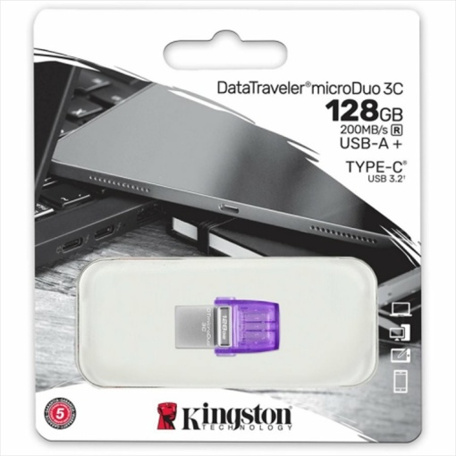 Kingston 128GB USB Flash Drive, 2-in-1 USB 3.2 Gen.1 Type-C & Type-A, DataTraveler microDuo 3C, Read up to 200MB/s DTDUO3CG3/128GB