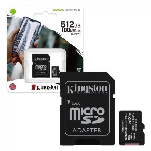 Kingston MicroSD 512GB, Canvas Select Plus, Class 10 UHS-I U3 V30 A1, Read up to 100MB/s, Write up to 85MB/s, w/SD adapter SDCS2/512GB