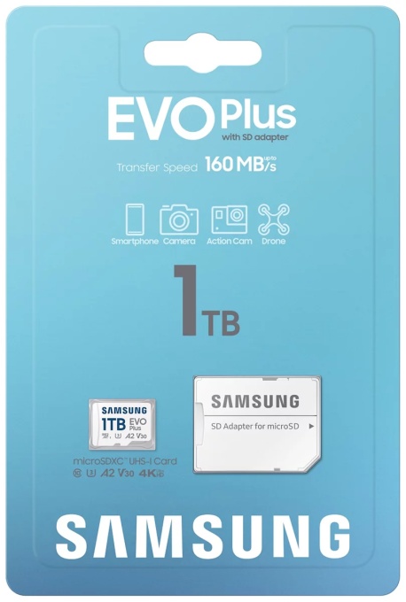 Samsung MicroSD 1TB, EVO Plus, SDXC, UHS-I U3 V30 A2, Read 160MB/s, for 4K and FullHD video recording, w/SD adapter MB-MC1T0SA/EU