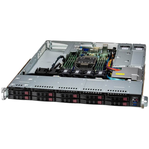 Supermicro Server AS-111E-WR, Silver 4510, 2x 16GB DDR5, 480GB Boot M.2 NVMe, IPMI BMC, 2x 1GbE BaseT LoM, LSI MegaRAID 9560-8i, 8-Port Int. 12Gb/s, 860W Redundant Ti, TPM, Bezel, QR Rails Set, 3YR Warranty AS-111E-WR-OTO509