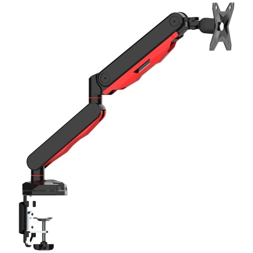 Gaming desk mount for single monitor with height adjustable gas spring. Deskmount with clamp or grommet. Monitor up to 9kg, VESA 75x75 or 100x100mmUSB ports (1x power only, 1x loop through USB) Red light effect in base DSG3001C-R1