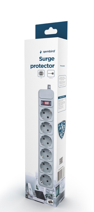 Gembird Surge Protection Power strip, 6 sockets, 1.8m, 16A Automatic Circuit Breaker, Power Switch, Grey SPG6-B-6C