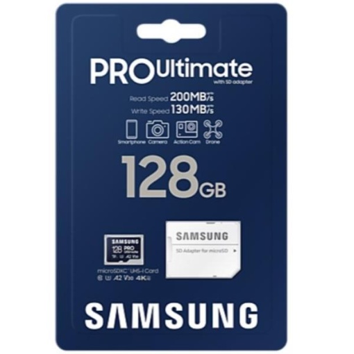 Samsung MicroSD 128GB, PRO Ultimate, SDXC, UHS-I U3 V30 A2, Read up to 200MB/s, Write up to 130 MB/s, for 4K and FullHD video recording, w/SD adapter MB-MY128SA/WW