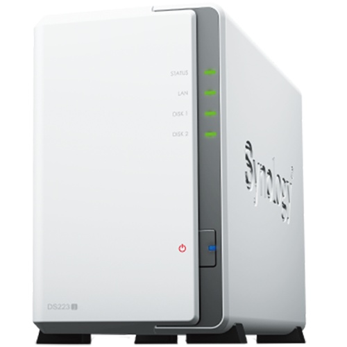 Synology DS223j, Tower, 2-bays 3.5'' SATA HDD/SSD, CPU 4-core 1.7 GHz; 1 GB DDR4 non-ECC; 1 x RJ-45 1GbE LAN Port; 2 x USB 3.2 Gen1; ; 0.88 kg; 2yr warranty DS223J