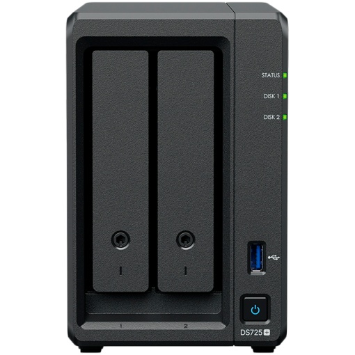 Synology DS725+, Tower, 2-Bays 3.5'' SATA HDD/SSD, 2 x M.2 2280 NVMe SSD, CPU AMD Ryzen R1600 dual-core (4-thread), max. boost up to 3.1 GHz, 4 GB DDR4 ECC SODIMM, 1 x 2.5 GbE, 1 x 1GbE, 1 x USB 3.2, 1 x eSATA USB-C, 1.51 kg, 3y DS725PLUS