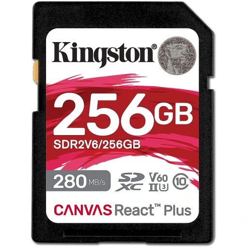 Kingston SD Card 256GB, Canvas React Plus V60 Professional, SDXC Class10 UHS-II U3 V60, Up to 280MB/s read and 150MB/s write, for Full HD/2K/4K video recording SDR2V6/256GB