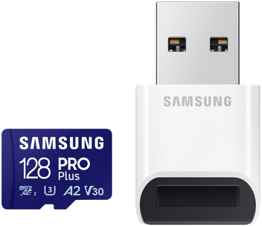 Samsung MicroSD 128GB, PRO Plus, SDXC, UHS-I U3 V30 A2, Read up to 180MB/s, Write up to 130 MB/s, for 4K and FullHD video recording, w/USB Card Reader MB-MD128SB/WW