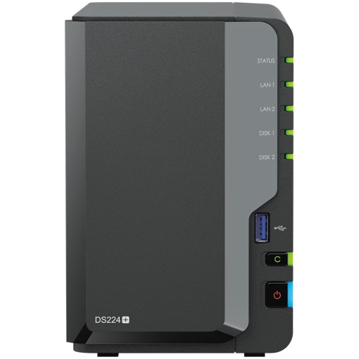 Synology DS224+,Tower, 2-bays 3.5'' SATA HDD/SSD, CPU Intel Celeron J4125 4-core (4-thread) 2.0 GHz, burst up to 2.7 GHz; 2GB DDR4 (expandable up to 6 GB) ; 2 x RJ-45 1GbE LAN Ports; 2x USB 3.2 Gen 1; 1.3 kg; 2yr warranty DS224PLUS *