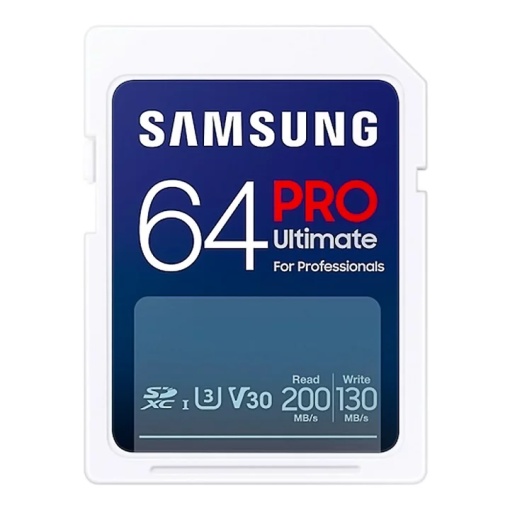 Samsung SD Card 64GB, PRO Ultimate, SDXC, UHS-I U3 V30, Read up to 200MB/s, Write up to 130 MB/s, for 4K and FullHD video recording MB-SY64S/WW
