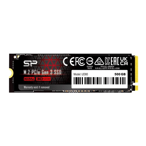 Silicon Power M.2 NVMe 500GB, 2280, PCIe Gen 3x4, UD80, 3D NAND, Read up to 3,400 MB/s, Write up to 2,300 MB/s (single sided) SP500GBP34UD8005