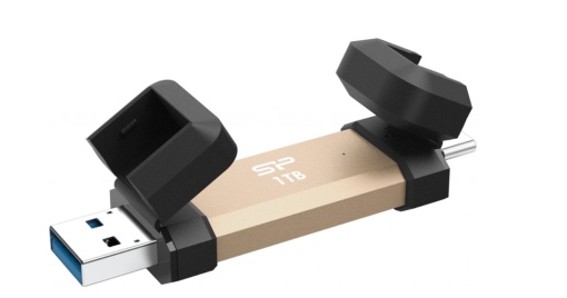 Silicon Power Portable Stick-Type SSD 1TB, DS72, USB 3.2 Gen 2 Type-C/Type-A, Read up to 1050MB/s, Write up to 850MB/s, Gold SP001TBUC3S72VPG