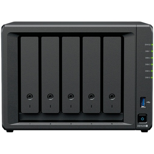 Synology DiskStation DS1525+ Tower, 5-Bays 3.5'' SATA HDD/SSD, 2 x M.2 2280 NVMe SSD slot, CPU AMD Ryzen V1500B 4-core 2.2 GHz, 8 GB DDR4 ECC SODIMM, 2x RJ-45 2.5 GbE LAN Port; 2x USB 3.2; 1 xUSB Type-C expansion port; 2.67 kg; 3yr warranty DS1525PLUS