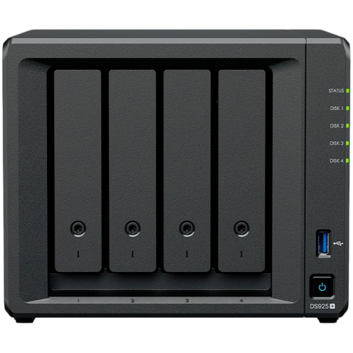 Synology DiskStation DS925+ Tower, 4-Bays 3.5'' SATA HDD/SSD, 2 x M.2 2280 NVMe SSD slot, CPU AMD Ryzen V1500B 4-core 2.2 GHz, 4 GB DDR4 ECC SODIMM, 2x RJ-45 2.5 GbE LAN Port; 2x USB 3.2; 1 xUSB Type-C expansion port; 2.26 kg; 3yr warranty DS925PLUS