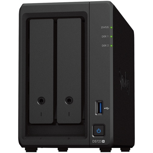 Synology DS723+, Tower, 2-Bays 3.5'' SATA HDD/SSD, 2 x M.2 2280 NVMe SSD, CPU AMD Ryzen R1600 dual-core (4-thread), max. boost up to 3.1 GHz, 2 GB DDR4 ECC SODIMM, 2 x 1GbE RJ-45, 1 X USB 3.2, 1 x eSATA, 1.51 kg, 3y DS723PLUS