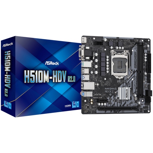 ASROCK Main Board Desktop H510M-HDV (H510, S1200, 2xDDR4, 1xPCIe 4.0x16, 1xPCIe 3.0x1, 4xSATA3, 4xUSB3.2 Gen1, VGA, DVI-D, HDMI, GLAN, mATX) Retail H510M-HDV R2.0