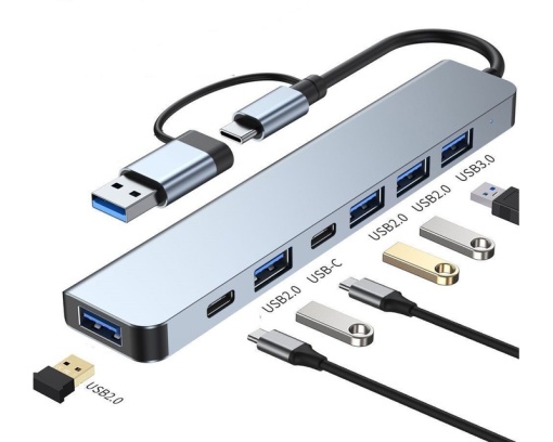 E-GREEN Adapter USB 3.0/USB 3.1 tip C (M) - USB 3.0 + 3 x USB 2.0 + 3.5mm audio + SD/TF + 1 x tip C (8 u 2) *