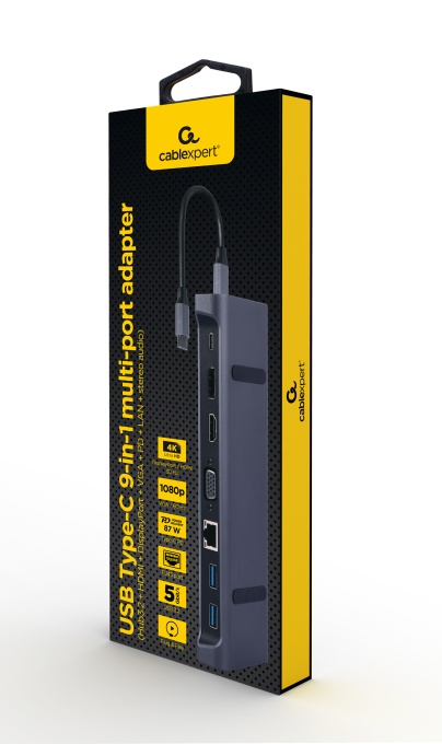 Gembird USB Type-C 9-in-1 multi-port adapter (Hub3.0 + HDMI + DisplayPort + VGA + PD + LAN + stereo audio) A-CM-COMBO9-02
