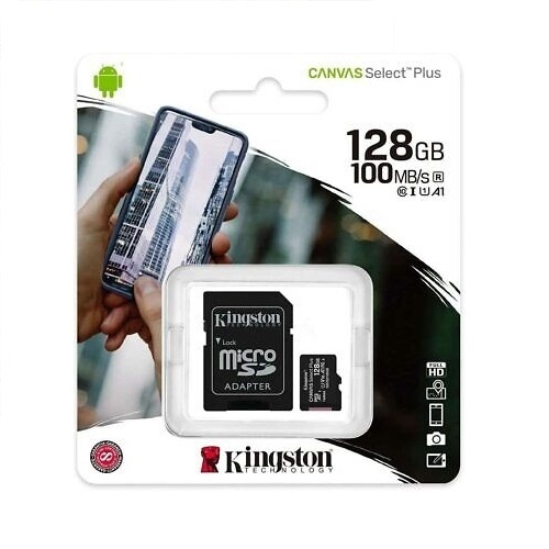 Kingston MicroSD 128GB, Canvas Select Plus, Class 10 UHS-I U1 V10 A1, Read up to 100MB/s, w/SD adapter SDCS2/128GB