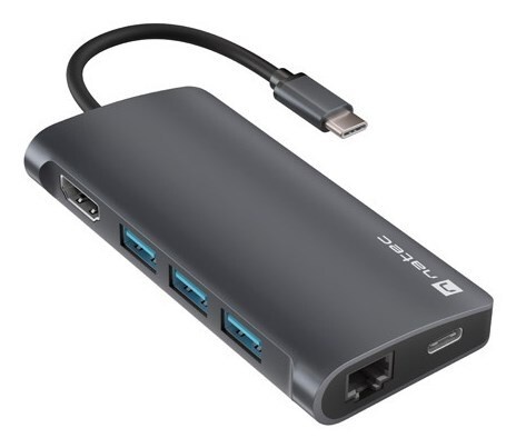 Natec FOWLER 2 V2, USB Type-C 8-in-1 Multi-port Adapter (USB3.0 Hub + USB-C + HDMI + PD3.0 + SD/MicroSD card reader + Gigabit LAN), 4K/60Hz, Max. 100W Output, Darg Grey NMP-2162
