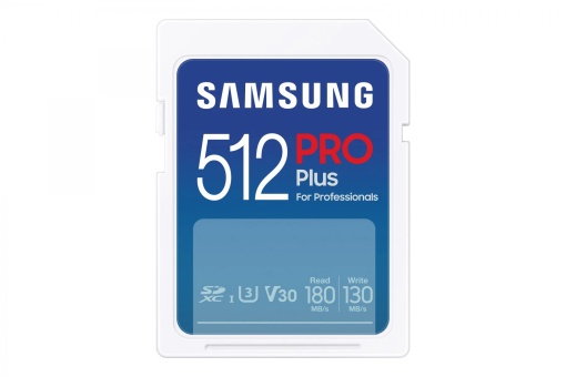 Samsung SD Card 512GB, PRO Plus, SDXC, UHS-I U3 V30 Class 10, Read up to 180MB/s, Write up to 130 MB/s, for 4K and FullHD video recording MB-SD512S/EU