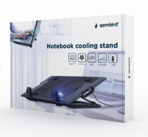 Gembird Notebook Cooling Stand 17in, 15cm Fan, Height Adjustment, LED Backlight, USB Passthrough, Black NBS-1F17T-01