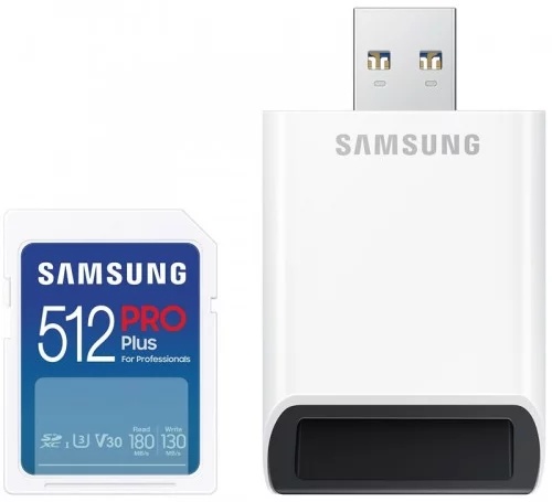 Samsung SD Card 512GB, PRO Plus, SDXC, UHS-I U3 V30 Class 10, Read up to 180MB/s, Write up to 130 MB/s, for 4K and FullHD video recording, w/USB Card Reader MB-SD512SB/WW