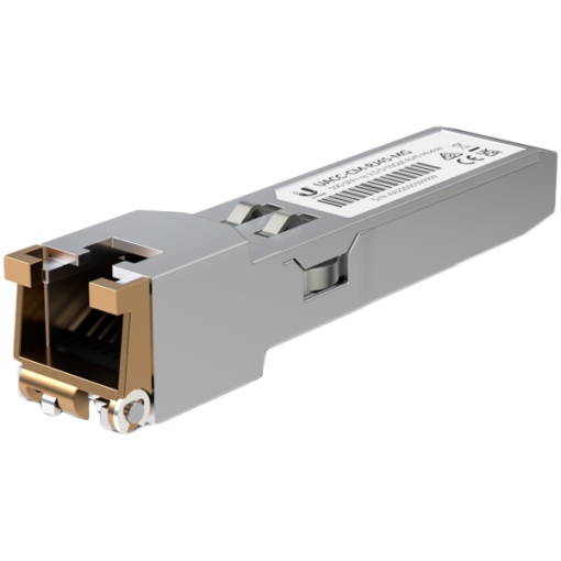 Ubiquiti UACC-CM-RJ45-MG SFP+ to RJ45 adapter, 1/2.5/5/10 GbE is a RJ45 transceiver that can be inserted into an SFP port in order to connect a copper Ethernet cable UACC-CM-RJ45-MG