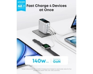 ANKER 140W GaN zidni brzi punjač, 4-porta (3x USB-C i 1x USB-A) sa USB-C M/M pletenim kablom, srebrni - Img 2