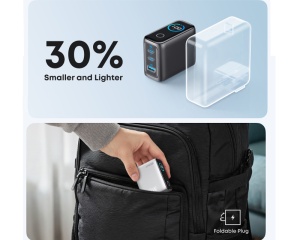 ANKER 100W GaN zidni brzi punjač, 3-porta (2x USB-C i 1x USB-A) sa USB-C M/M pletenim kablom, tamno sivi