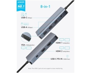 ANKER USB-C Data Hub, 8u1, Triple Display, PD 85W doking stanica siva