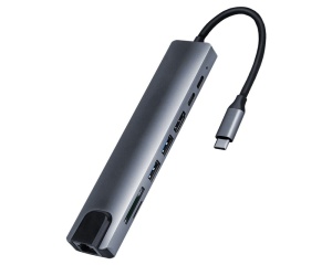 FAST ASIA Adapter-konvertor TIP C na HDMI+2xUSB 3.0+TF/SD+2xTIP C+RJ45 - Img 1