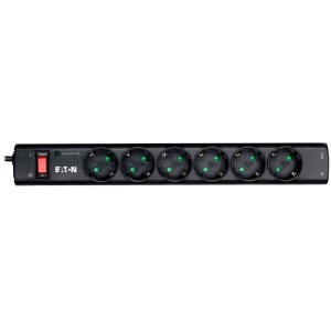 Eaton Protection Strip 6 DIN, 10A, 2500W; Input: Schuko, Outputs: (6) Schuko; Power Cord Lenght 1m; Over voltage protection; On/Off switch; LED indication; 2yr warranty PS6D