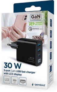 TA-UC-PDQC30LCD-BK-02 Gembird GaN USB brzi punjac, 30W 3-port (2xUSB-A+ USB-C) - Img 2