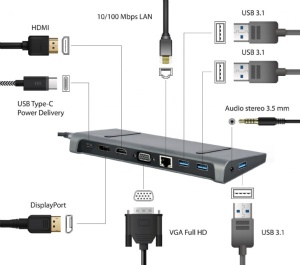 A-CM-COMBO9-02 Gembird USB type-C 9-u-1 adapter Hub3.0 + HDMI + DisplayPort + VGA + PD + LAN A * - Img 2