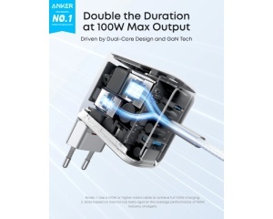 ANKER 100W GaN zidni brzi punjač, 3-porta (2x USB-C i 1x USB-A) sa USB-C M/M pletenim kablom, srebrni