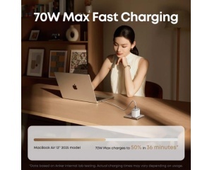 ANKER Nano 70W GaN zidni brzi punjač, 3-porta (2x USB-C i 1x USB-A) crni