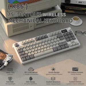 Bežična gaming tastatura Attack Shark K86 Mehanička/TriMode/TFT Screen/Media Control/Retro Gray - Img 4