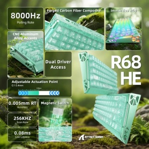 Bežična gaming tastatura Attack Shark R68HE Magnetic Switches/RT/Snap Tap/DKS/MT/TGL/Lake Green - Img 2