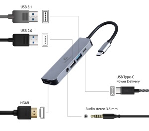 Gembird USB Type-C 5-in-1 multi-port adapter (Hub + HDMI + PD + stereo audio) A-CM-COMBO5-02