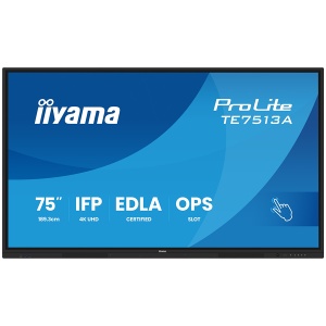 Iiyama Prolite TE7513A-B2AG 75''UHD VA 3840x2160 400cd 1200:1 8ms Android 1, 8/128GB, 40-Points, VGA, HDMI 2x HDMI-out 2x USB-C, Audio mini-jack and Optical Out (S/PDIF), USB Touch Interface, Landscape mode, Media Play USB Ports, AntiGlare Glass,LAN TE751