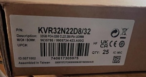 Kingston DDR4 32GB 3200MHz, Non-ECC UDIMM, CL22 1.2V, 288-Pin 2Rx8 KVR32N22D8/32 *